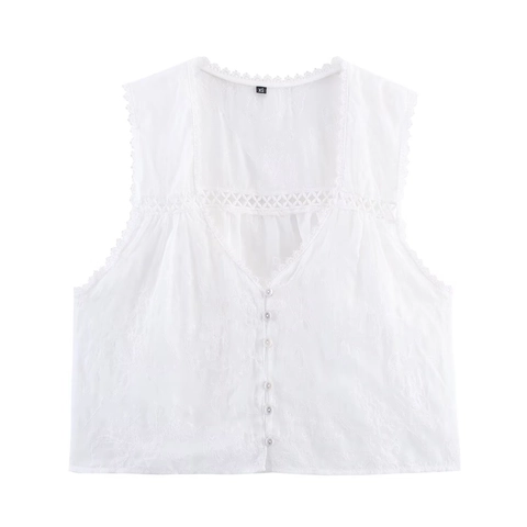 Camisa Sin Mangas Casual para Mujer Cuello en V Bordado Encaje Malla Transparente Floral Botones Chaleco Corto Verano Streetwear