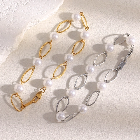 Artificial Pearl Stainless Steel Bracelet Hammered Geometric Link 18K Gold Plated Elegant Minimalist Vintage Jewelry For Women