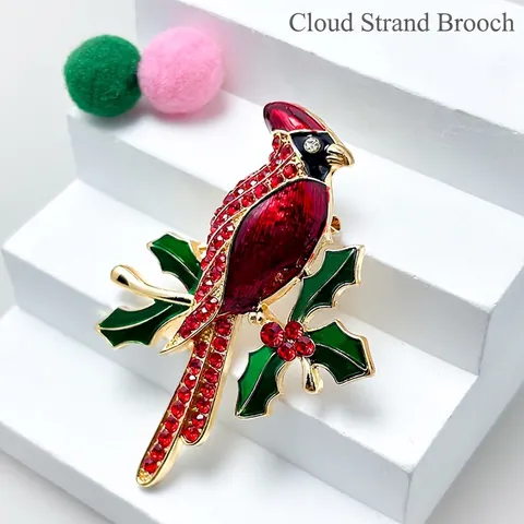 Kardinal Vogel Brosche Legierung Roter Strass Emaille Stechpalmenzweig Winter Weihnachten Schmuck