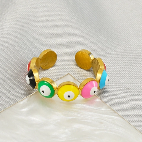 Evil Eye Opening Adjustable Ring Stainless Steel 18K Gold Plated Multi Color Enamel Bohemian Fashion Jewelry Women