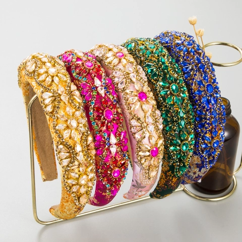 Baroque Vintage Wide Padded Headband Colorful Rhinestone Glass Crystal Flower Inlaid Hair Band For Women Wedding Party Accessories