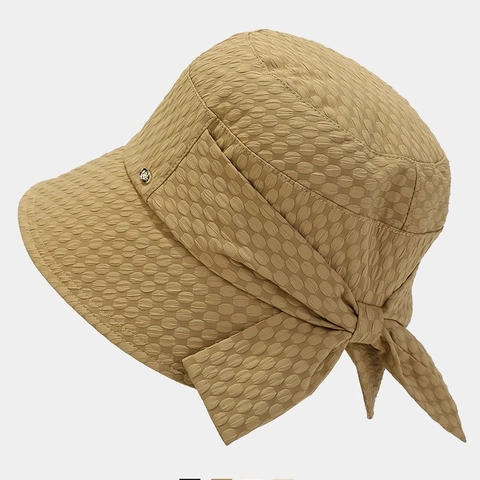 Women Bucket Hat Seersucker Bubble Texture With Large Bow Foldable Sun Protection Breathable Beach Travel Elegant Style