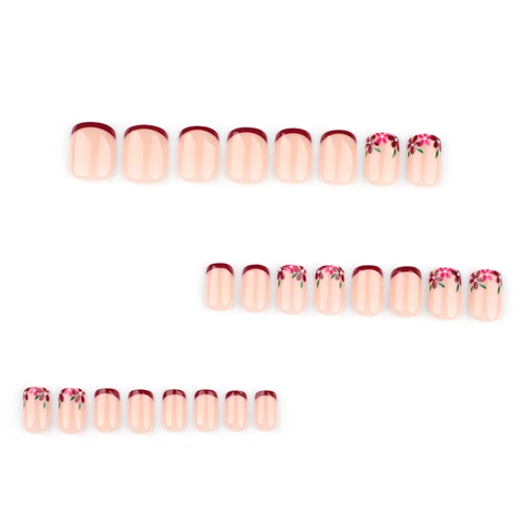 French Red Press On Nails Short Square Artificial False Nail Tips With Elegant Flower Patterns For Women Sweet Style