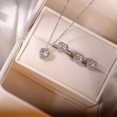 Heart Necklace Earrings And Ring Jewelry With Stainless Steel Cubic Zirconia For Women Elegant Romantic Gift