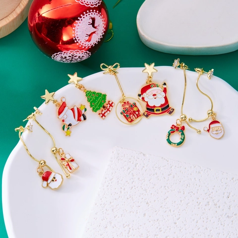 Pendientes Colgantes Asimétricos De Navidad Para Mujer Aleación Esmalte Rhinestone Papá Noel Árbol De Navidad Estrella Joyería