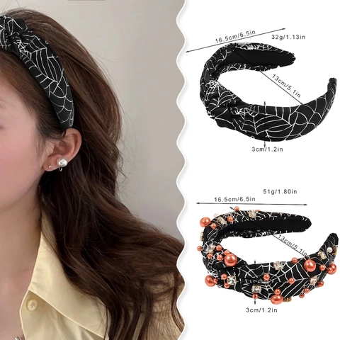 Halloween Knotted Headband Spider Web Skull Prints Faux Artificial Pearls Rhinestones Cloth High Top Hair Band Party Accessory For Women