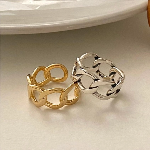 Cuban Chain Ring 925 Sterling Silver Adjustable Open Band Minimalist Geometric Chic Handcrafted Jewelry For Women