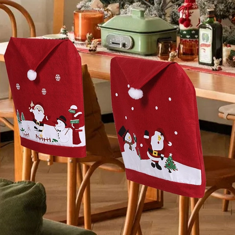 Weihnachtsstuhl Hussen Rot Polyester Weihnachtsmann Schneemann Druck Festliche Esszimmer Dekoration Feiertag