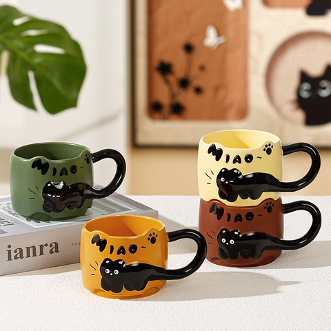 Cute Ceramic Mug 3D Relief Black Cat Design With Tail Handle Creative Coffee Milk Breakfast Cup Novelty Kawaii Drinkware