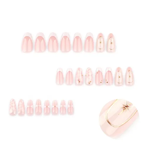Press On Nägel Französisches Weiß Mandelform Nude Rosa Boho Stil Gold Stern Perlen Dekor Luxus Künstliche Nägel