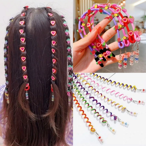 Kids Spiral Hair Braiding Tool Plastic Colorful Cartoon Flower Heart Beads Girls Hair Decoration Accessory