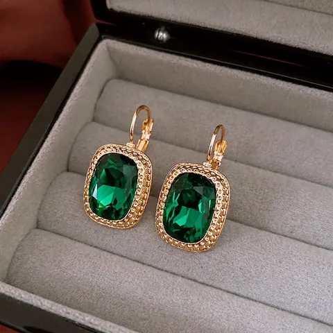 Lever Back Earrings With Square Emerald Green Rhinestones Alloy Golden Beaded Frame Retro Luxury Style For Women