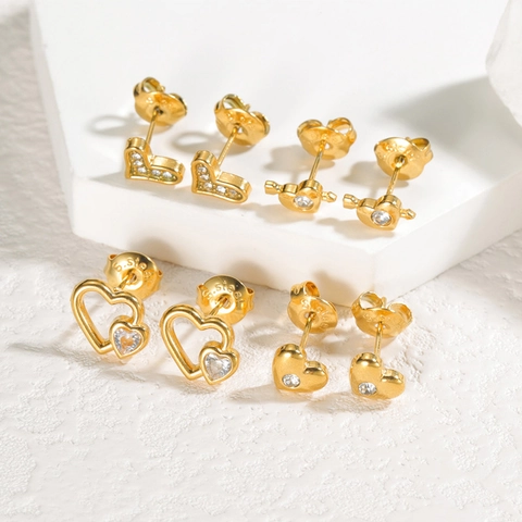 Stainless Steel Heart Stud Earrings 18K Gold Plated Zirconia Asymmetric Cupid Arrow Minimalist Jewelry For Women