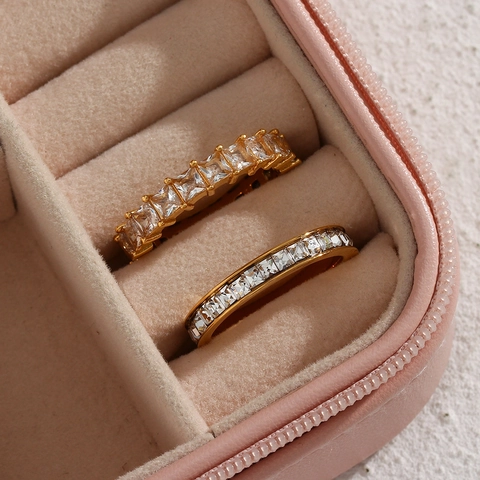 Fashion INS 18K Gold Plated Stainless Steel Full Square Zirconia Ring For Women Personalized Geometric Finger Jewelry