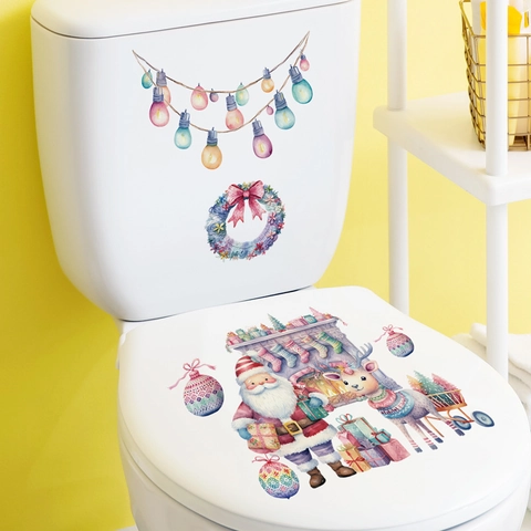 Pegatinas De Pared De Navidad De Papá Noel Rosa Acuarela Reno Calcomanías De PVC Removibles Para Ventana De Baño