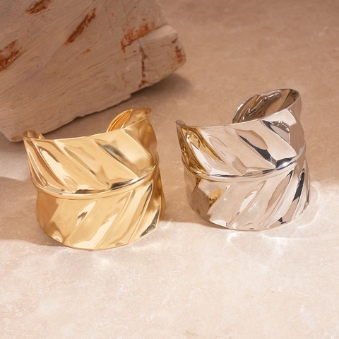 Brazalete De Puño Con Textura De Hoja Aleación De Metal Ancho Grueso Ajustable Joyería De Moda Para Mujer