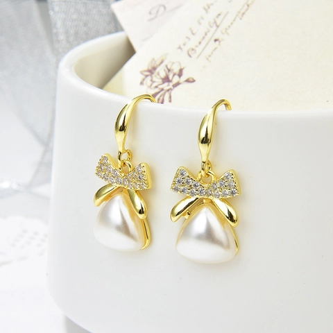 Elegante Strik Kunstparel Oorbellen Koper Zirkoon Ingelegd Koreaanse Stijl Mode Sieraden Voor Vrouwen