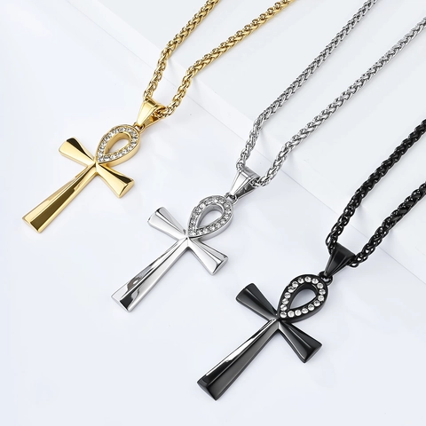 Collar Con Colgante De Cruz De Ankh De Acero Inoxidable Con Diamantes De Imitación Símbolo De La Vida Egipcia Joyería Para Hombres Mujeres