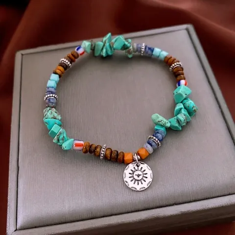 Bohemian Beaded Bracelet With Turquoise Tiger Eye Wood Beads And Alloy Sun Pendant Retro Ethnic Style For Women Jewelry Accessories