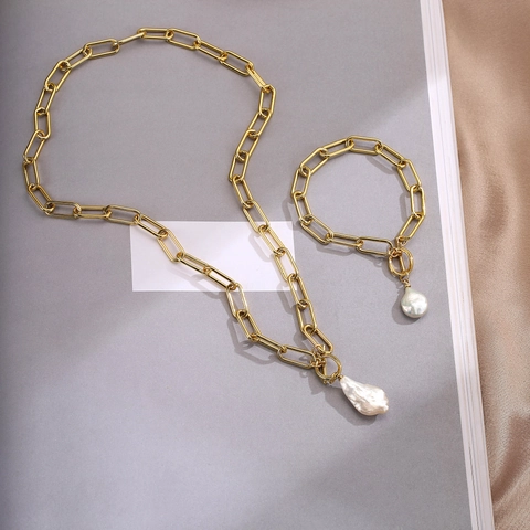 Simple Colgante de Perla Natural Barroca Cadena de Clip de Cobre Collar Pulsera Oro Joyería para Mujer Regalo Diario Fiesta