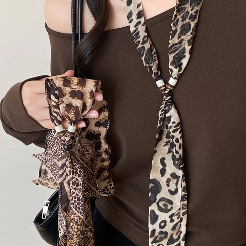 Retro Leopard Schlangenmuster Schal Halskette Für Frauen Chiffon Stoff Harz Perlen Lange Pulloverkette Krawattenstil Accessoires