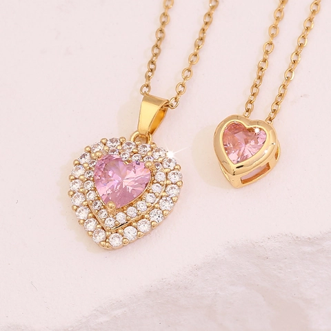 Collana In Acciaio Inossidabile Zircone Rosa Cuore Fiore Farfalla Pendente Elegante Gioielli Oro Per Donne
