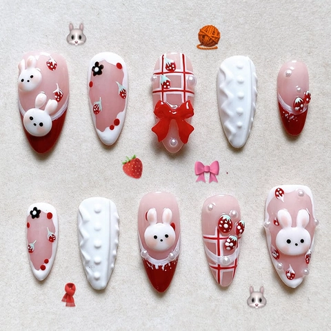 Handmade Press On Nails 3D Cartoon Hase Schleife Französischer Stil Blush Pink Künstliche Nägel Für Frauen Dekorativ