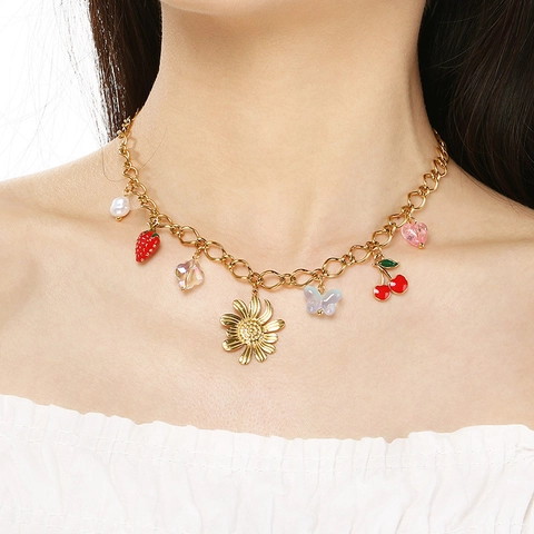 Stainless Steel Charm Necklace With Flower Heart Bee Butterfly Fruit Pendants Pastoral Jewelry For Women