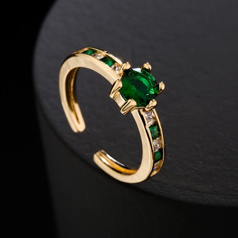 Retro Offener Ring Kupfer 18K Vergoldet Mikro Eingelegter Grüner Zirkon Schmuck Für Frauen Verstellbarer Luxus Stil