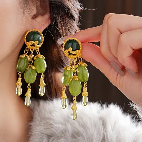 Orecchini Pendenti Con Nappa Vintage Con Perno In Argento Gioielli In Lega Di Resina Verde Stile Palazzo Retrò Donna