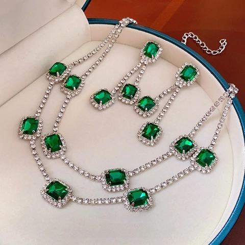 Orecchini Pendenti Di Lusso Per Donna Con Strass Verdi E Perno In Argento Sterling 925