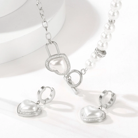 Collar Pulsera Y Pendientes Corazón Perla Artificial Imitación Acero Inoxidable Diamante Imitación Lujo Moda Mujeres Elegante