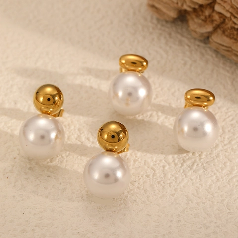 Stainless Steel Faux Artificial Pearl Stud Earrings Geometric Round Ball Minimalist Light Luxury Elegant Jewelry For Women