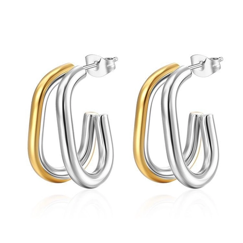 Pendientes De Botón Ovalados De Acero Inoxidable Con Doble Línea Bicolor Chapado En Oro De 18K Geométrico Pulido Minimalista