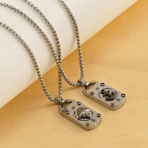 Nautical Compass Anchor Pendant Necklace Stainless Steel Retro Hip Hop Square Tag Jewelry For Men Women