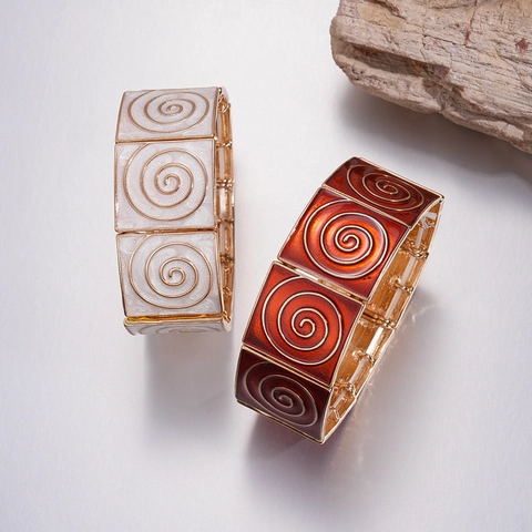 Vintage Legierung Emaille Quadratblock Stretch Armband Mit Spiraltextur Für Damen Retro Geometrischer Armreif