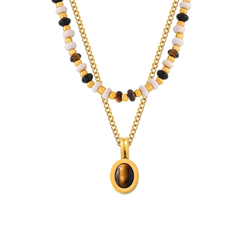 Tiger Eye Stone Pendant Layered Necklace Vintage Natural Stone Beaded Chain Stainless Steel Jewelry For Women