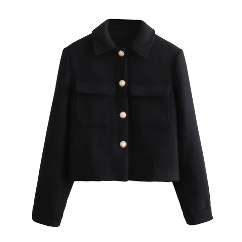 Women Fashion Casual Cropped Jacket Solid Color Lapel Outwear With Metal Buttons And Flap Pockets Long Sleeve Coat