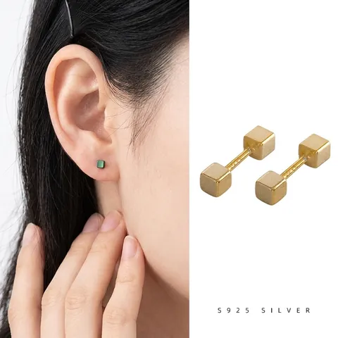Boucles D'oreilles Puces En Argent Sterling 925 Cube Géométrique Minimaliste Fermoir À Vis Unisexe