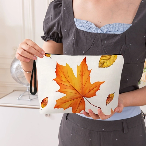Borsa Trucco In Lino Fine Stampa Foglie D'Acero Zucca Gnomo D'Autunno Astuccio Da Viaggio Con Cerniera