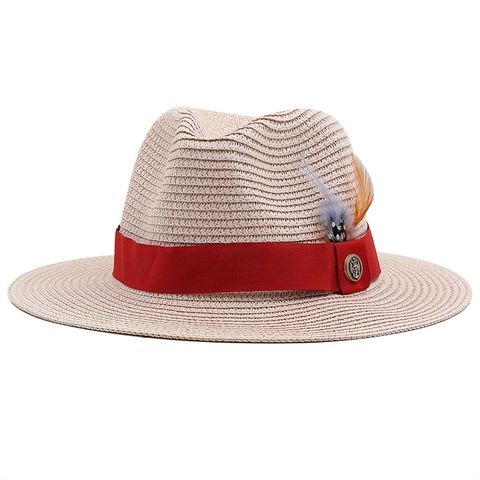 Fedora Straw Sun Hat Wide Brim Ribbon Feather British Vintage Style For Beach Vacation Summer Travel