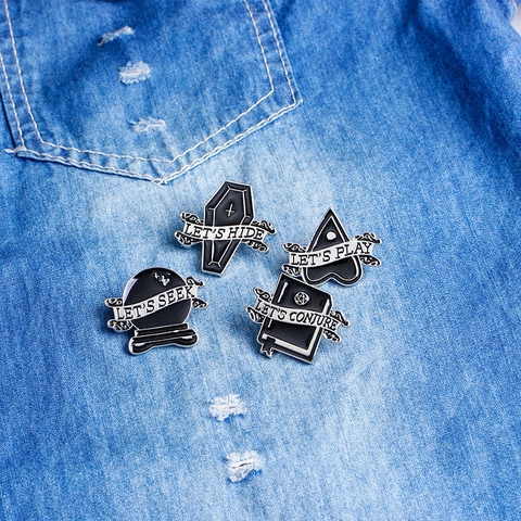 Punk Halloween Emaille Pin Doodskist Toverboek Glazen Bol Planchette Legering Broche Gotisch Occult Sieraden