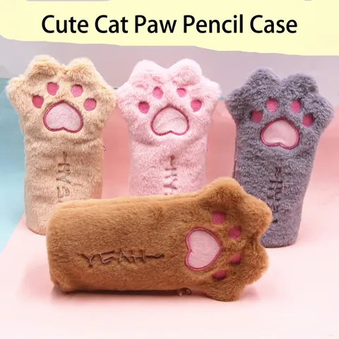 Cute Cat Paw Pencil Case Plush Large Capacity Stationery Bag Korean Style Embroidery Soft Zipper Storage Pouch For Student School Office