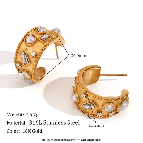Orecchini A Cerchio A Forma Di C In Acciaio Inossidabile Placcato Oro 18K Perla Artificial Geometrica Con Zirconi Per Donna