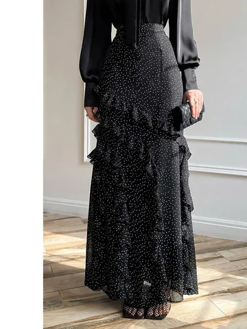 Women Polka Dot Polyester Maxi Skirt High Waist Ruffle Tiered Elegant Flowy Long Skirt For Casual Vacation