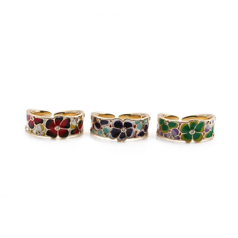 Bague Ouverte Émail Fleur Cœur Cuivre Plaqué Or Ajustable Zircon Bijoux Géométriques Colorés Pour Femme