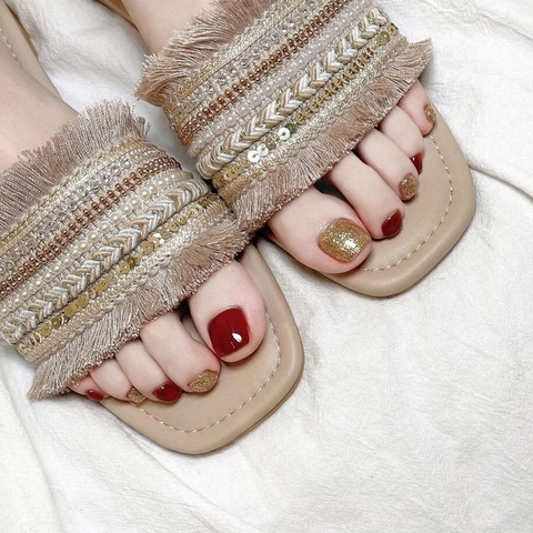Feet Press On Nails Tiefrot Glänzend Und Gold Glitzer Quadratische Künstliche Fußnägel Für Frauen Sommer Pediküre