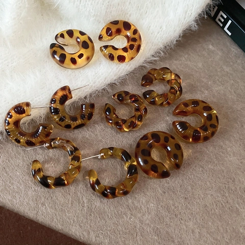 Vintage Leopard Print Earrings With Silver Earring Post Retro Tortoiseshell Resin Geometric Studs For Women