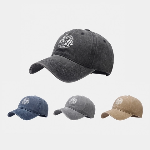 Washed Cotton Baseball Cap Retro Distressed Adjustable Unisex Sun Protection Curved Brim Energy Print Hat