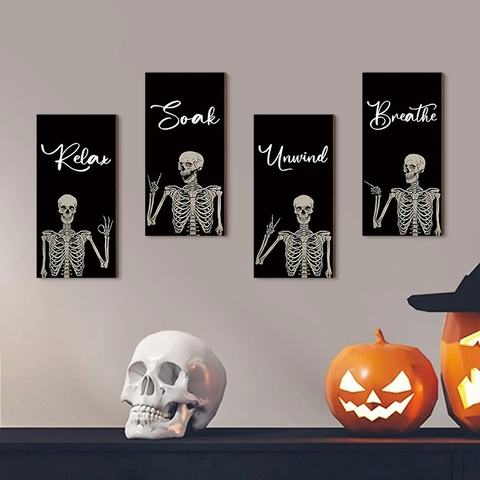 Carteles Colgantes Esqueleto Divertidos Madera Gótico Halloween Decoración Relax Soak Unwind Breathe Para Baño Dormitorio